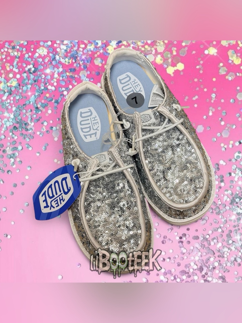 WOMEN'S CREAM/SILVER HEY DUDE WENDY SHINY SEQUIN SLIP ON SHOES SIZE 7 NWT